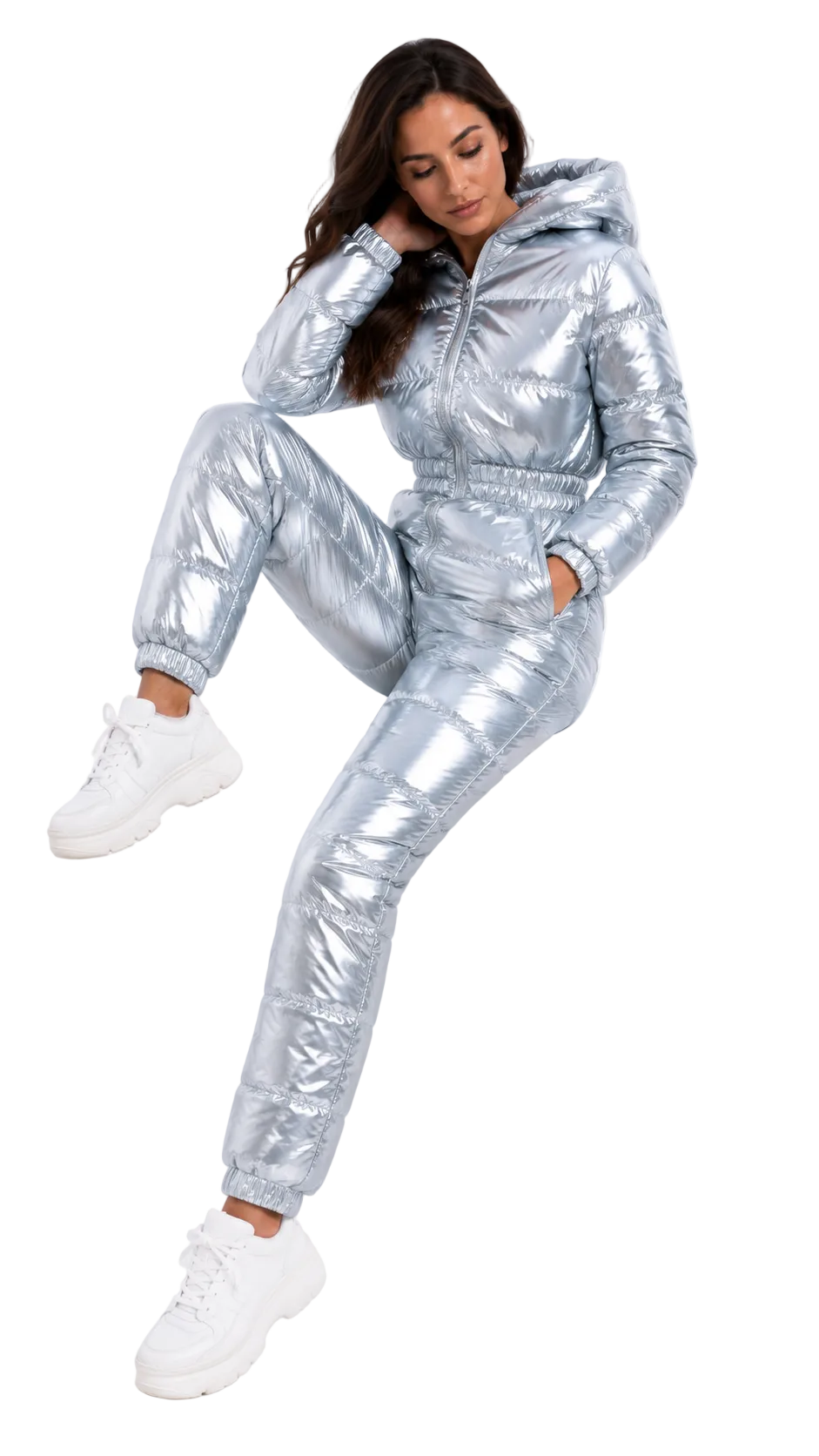 Silver Shiny Nylon Hooded Winter Jumpsuit