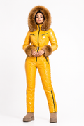 Yellow Shiny Nylon Faux Fur Hooded Ski Jumpsuit