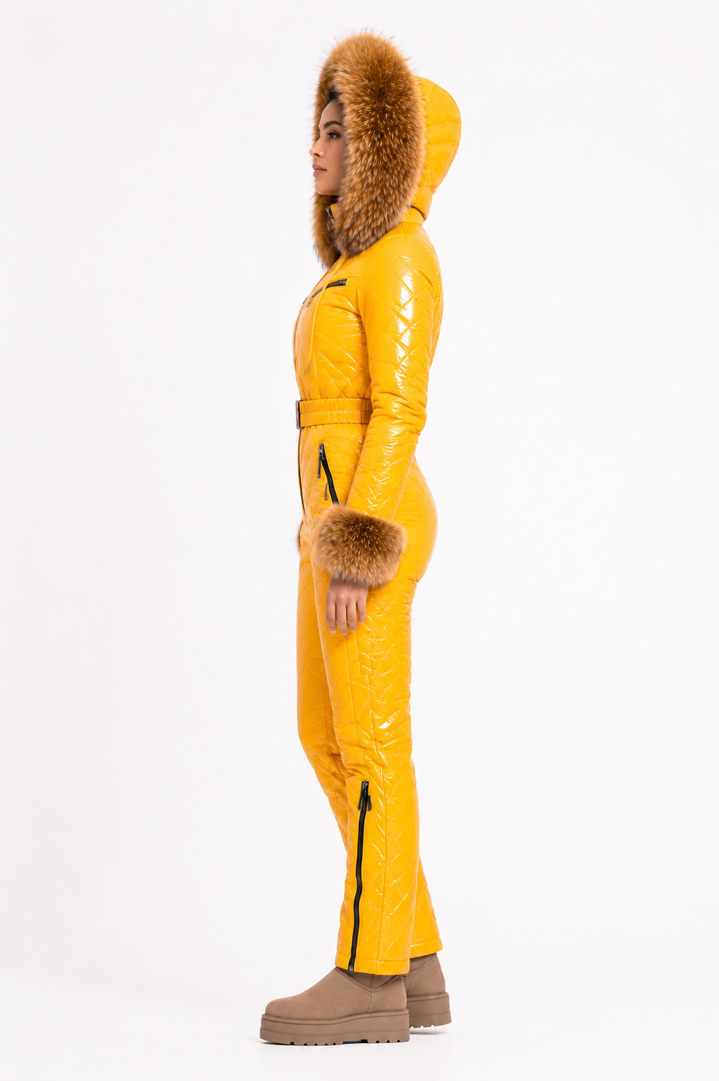 Yellow Shiny Nylon Faux Fur Hooded Ski Jumpsuit