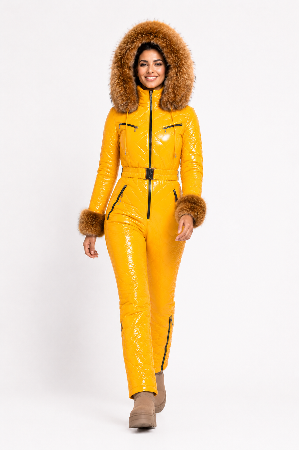 Yellow Shiny Nylon Faux Fur Hooded Ski Jumpsuit