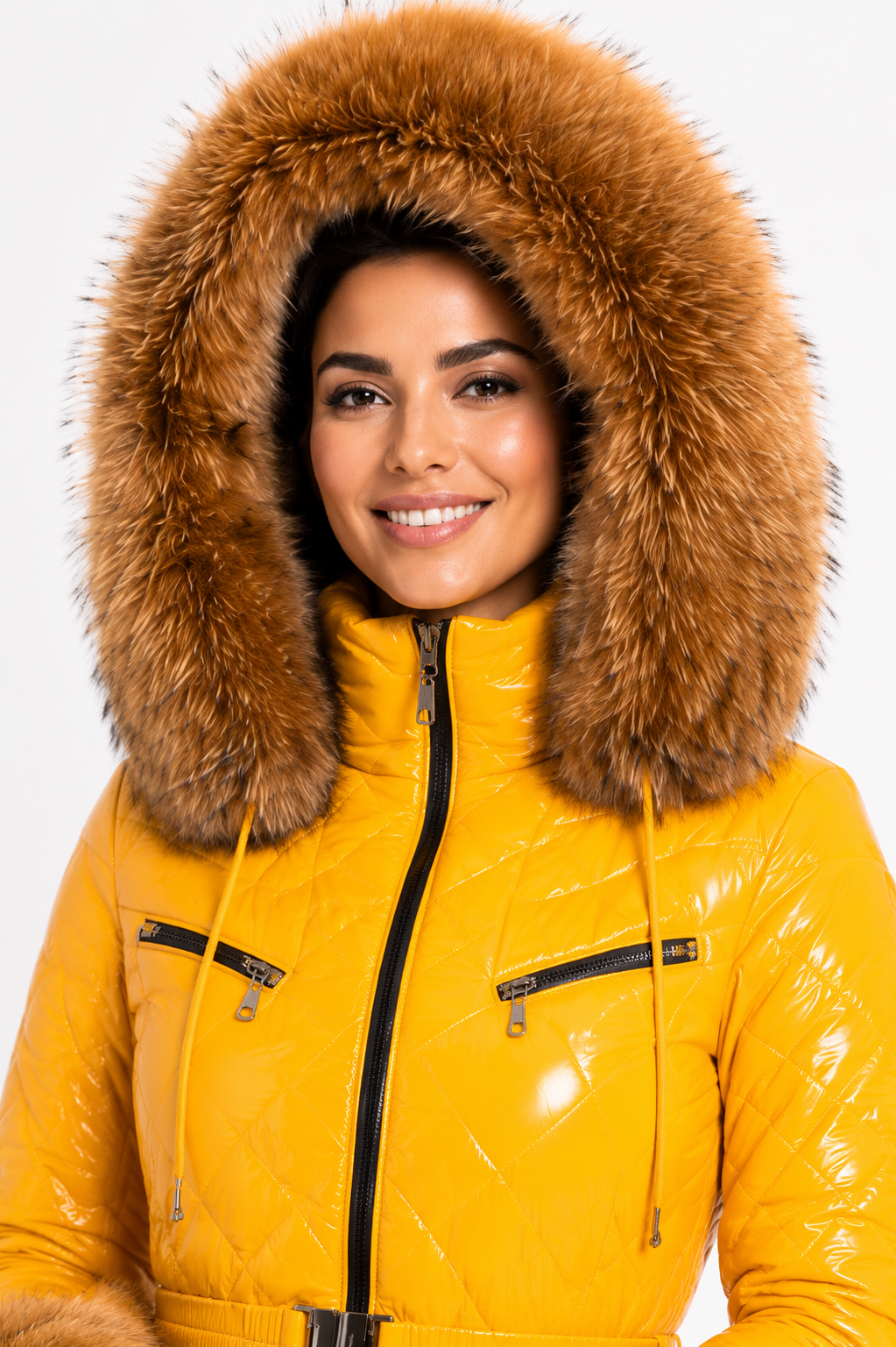 Yellow Shiny Nylon Faux Fur Hooded Ski Jumpsuit