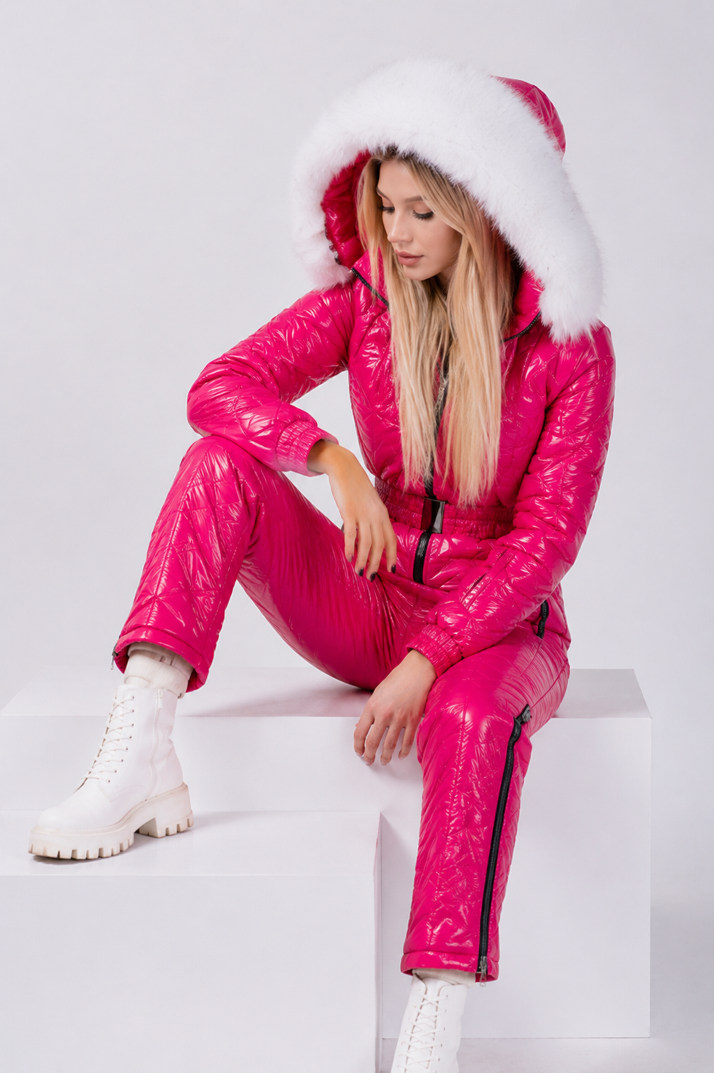 Hot Pink Shiny Nylon Faux Fur Hooded Ski Jumpsuit