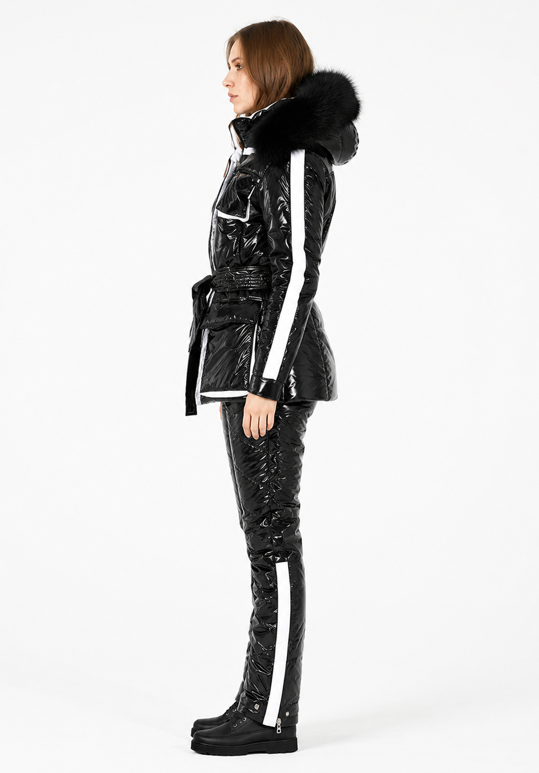 Black Shiny Nylon Faux Fur Hooded Ski Suit Set