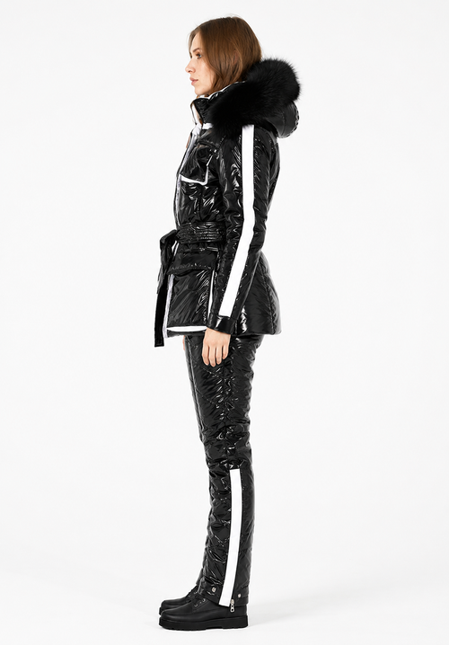 Black Shiny Nylon Faux Fur Hooded Ski Suit Set