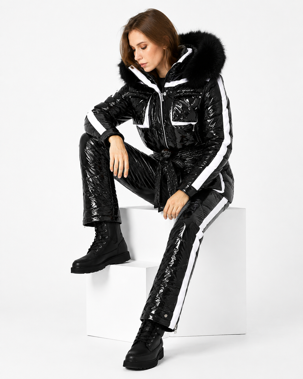 Black Shiny Nylon Faux Fur Hooded Ski Suit Set