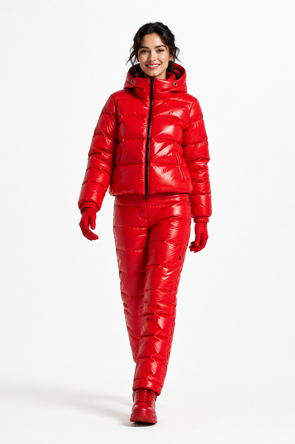 Red Shiny Nylon Hooded Puffer Winter Set
