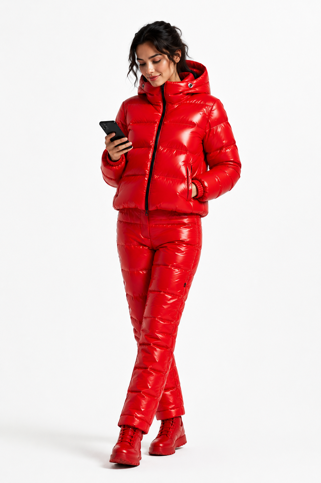 Red Shiny Nylon Hooded Puffer Winter Set