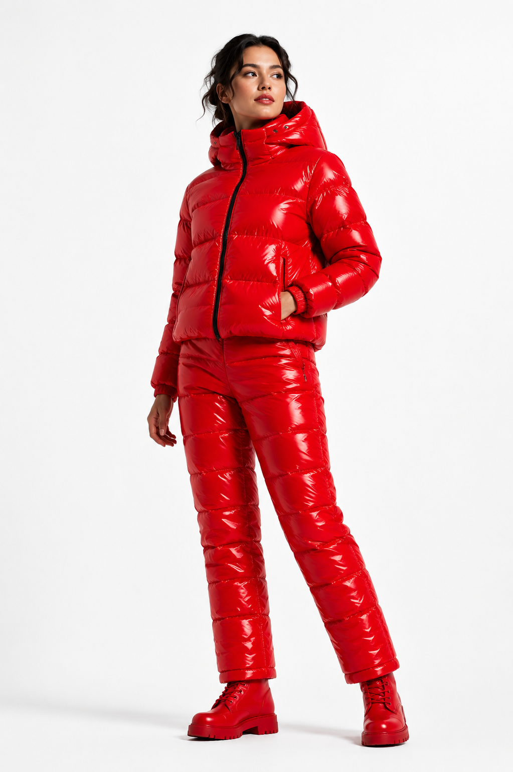 Red Shiny Nylon Hooded Puffer Winter Set