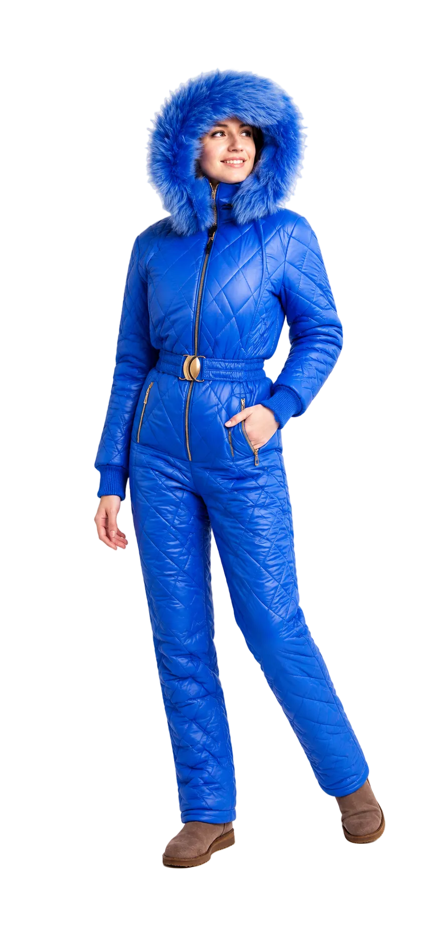 Royal Blue Quilted Faux Fur Hooded Ski Jumpsuit