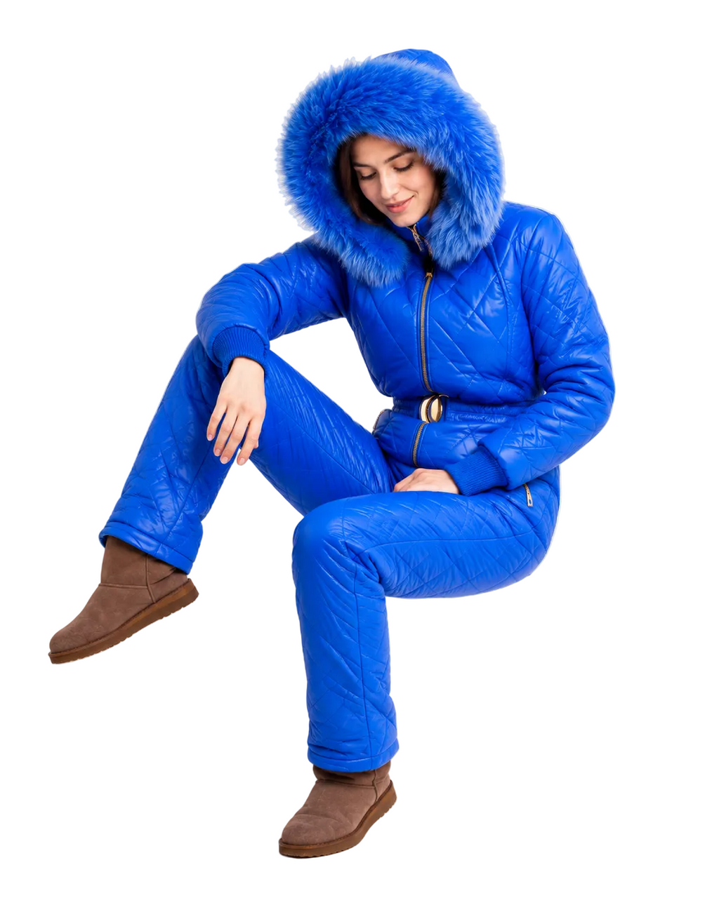 Royal Blue Quilted Faux Fur Hooded Ski Jumpsuit