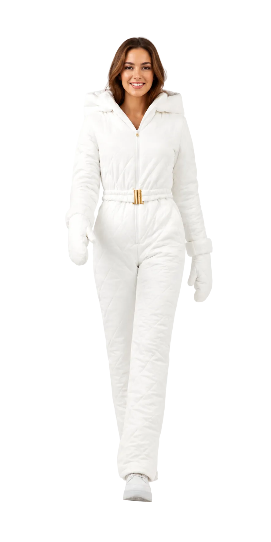White Quilted Hooded Winter Ski Jumpsuit