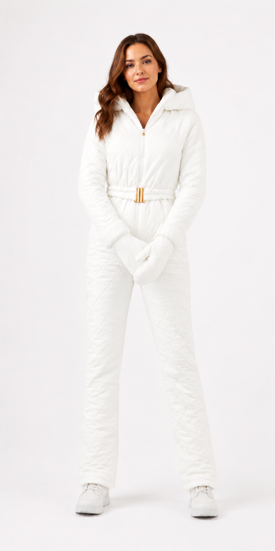 White Quilted Hooded Winter Ski Jumpsuit