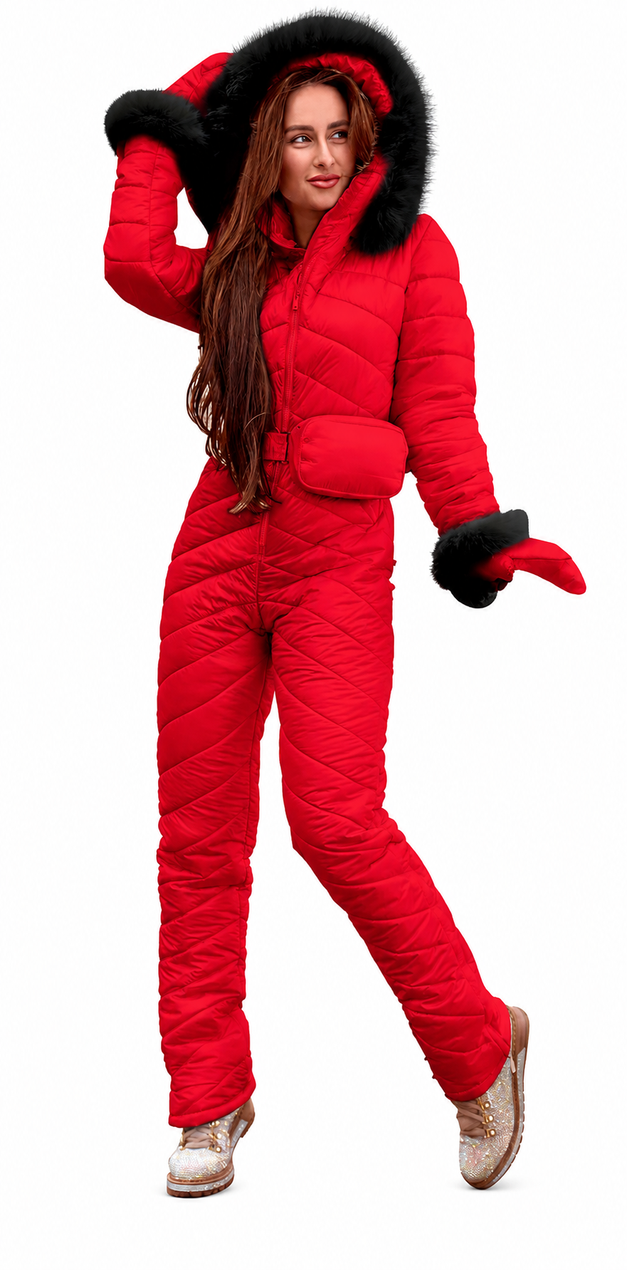 Red Shiny Nylon Faux Fur Hooded Winter Jumpsuit