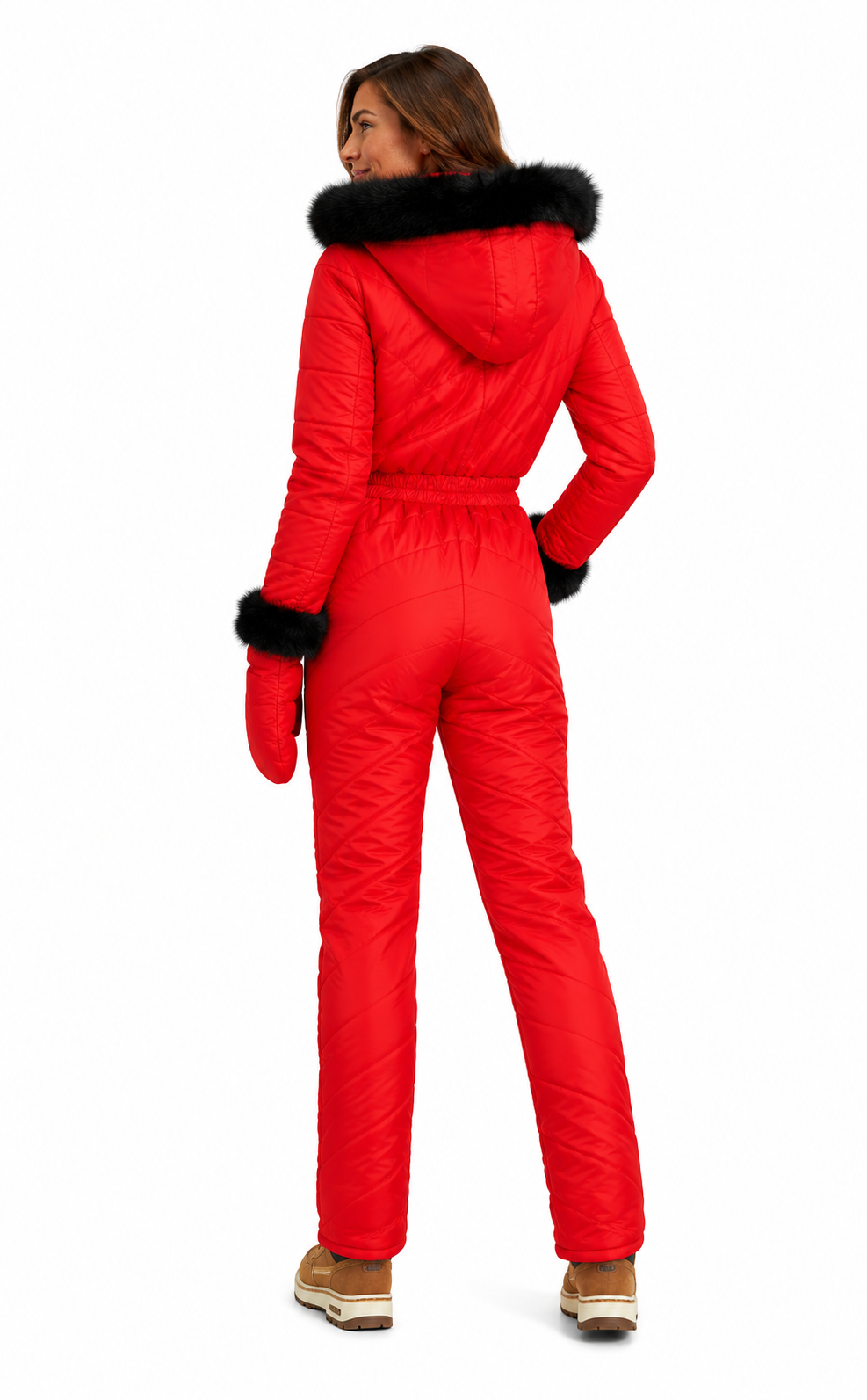 Red Shiny Nylon Faux Fur Hooded Winter Jumpsuit