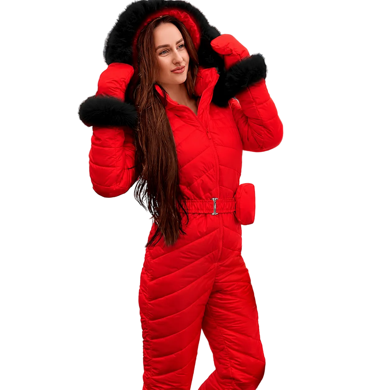 Red Shiny Nylon Faux Fur Hooded Winter Jumpsuit
