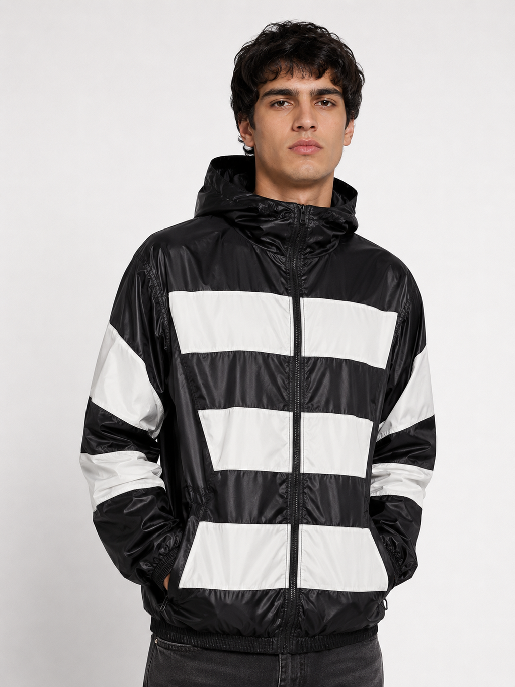 Black & White Shiny Nylon Hooded Windbreaker Set