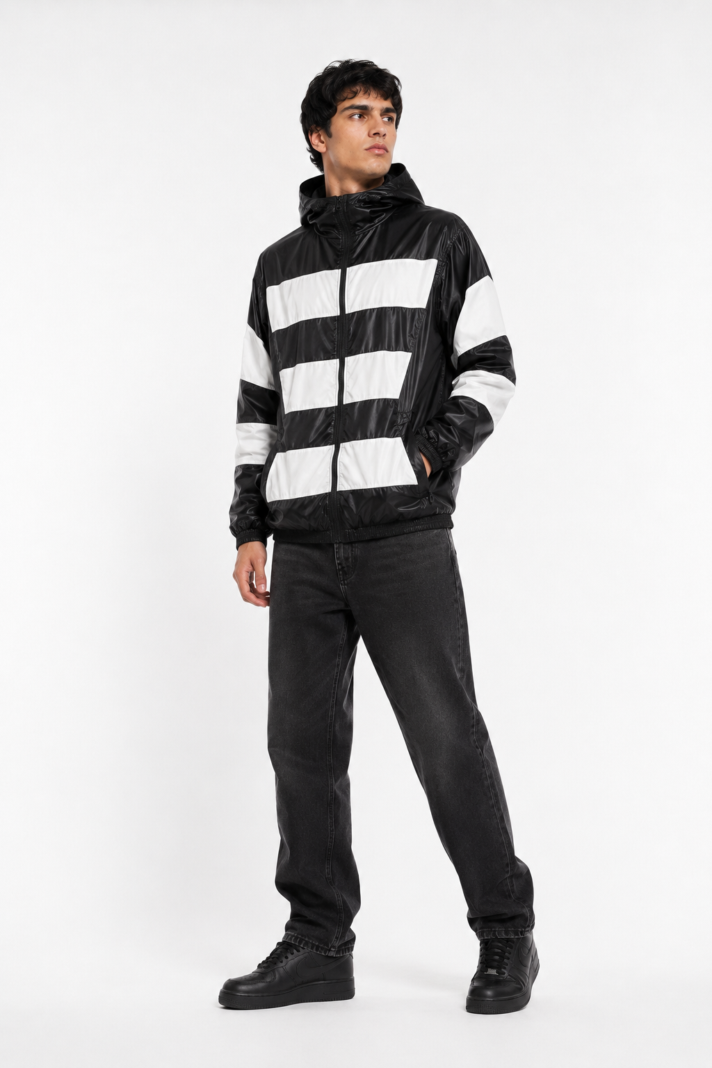 Black & White Shiny Nylon Hooded Windbreaker Set