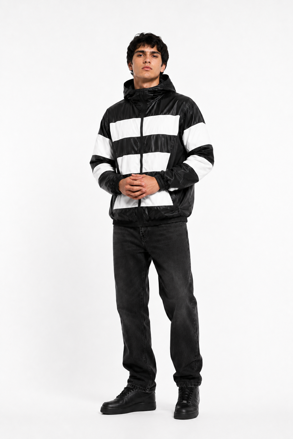 Black & White Shiny Nylon Hooded Windbreaker Set