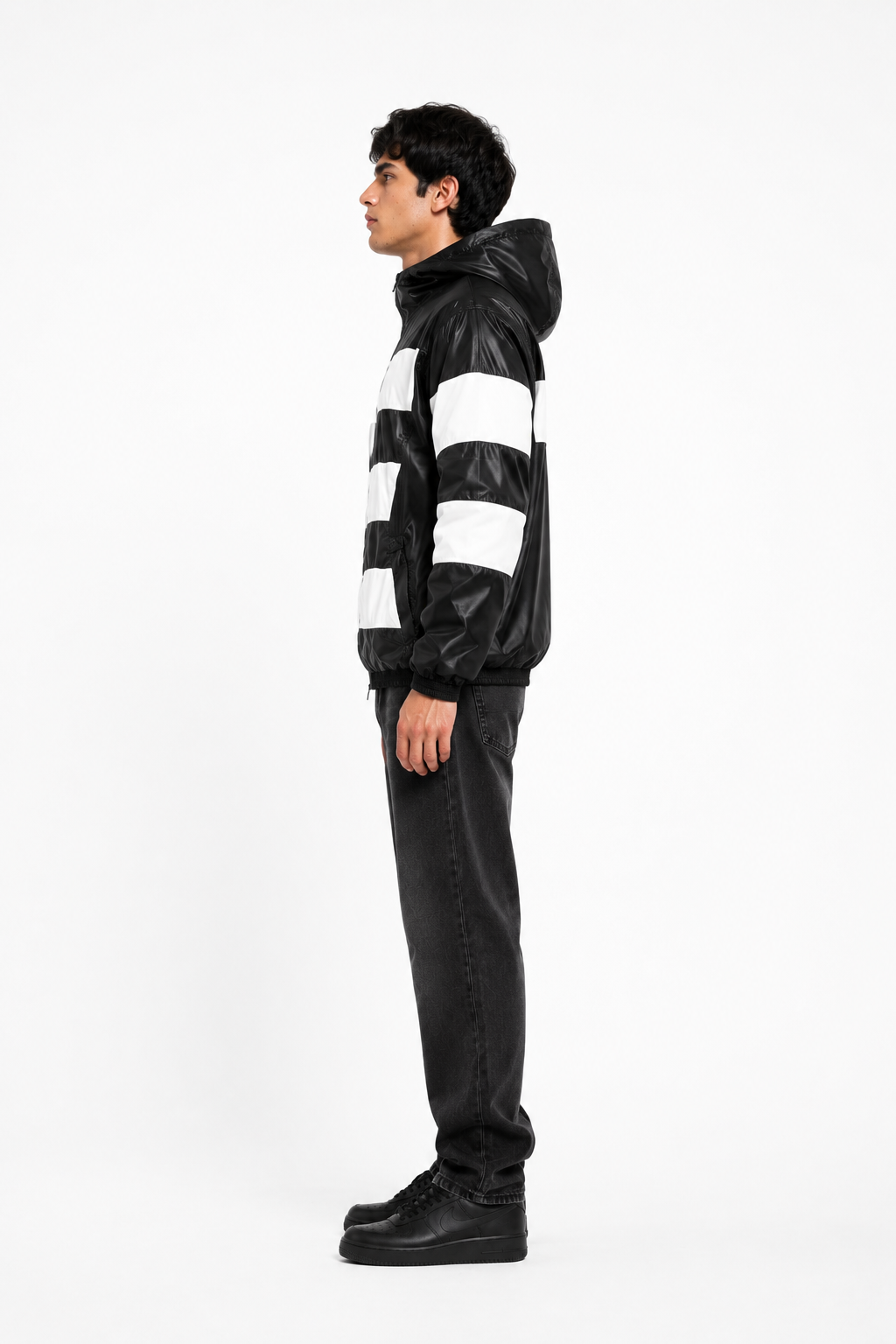 Black & White Shiny Nylon Hooded Windbreaker Set