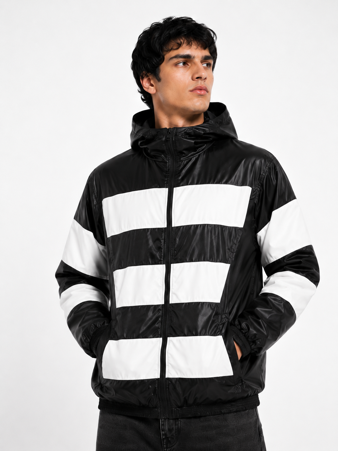 Black & White Shiny Nylon Hooded Windbreaker Set