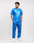 Blue Shiny Nylon Glossy Nylon T-Shirt & Pants Set