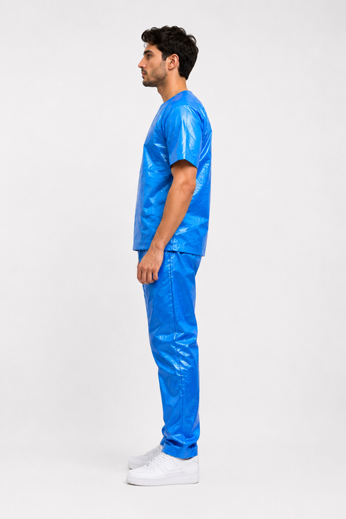 Blue Shiny Nylon Glossy Nylon T-Shirt & Pants Set