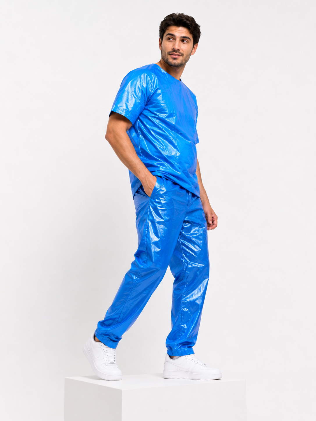Blue Shiny Nylon Glossy Nylon T-Shirt & Pants Set