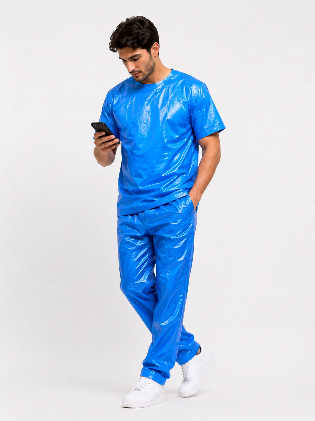 Blue Shiny Nylon Glossy Nylon T-Shirt & Pants Set