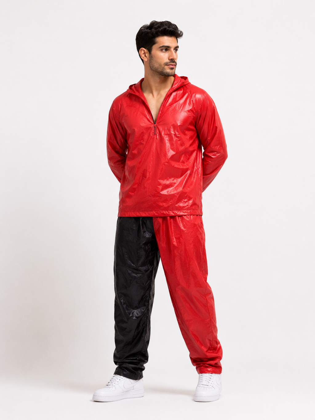 Glossy Hooded Windbreaker Set
