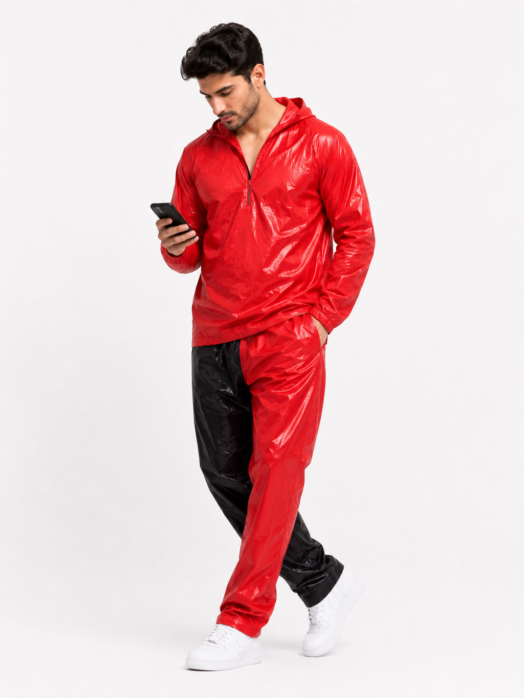 Glossy Hooded Windbreaker Set