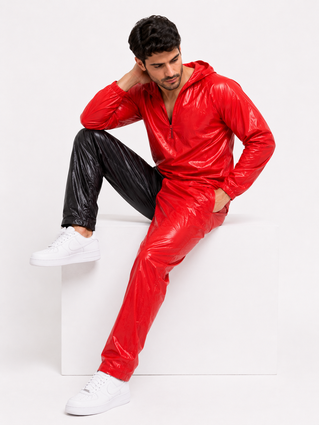 Glossy Hooded Windbreaker Set