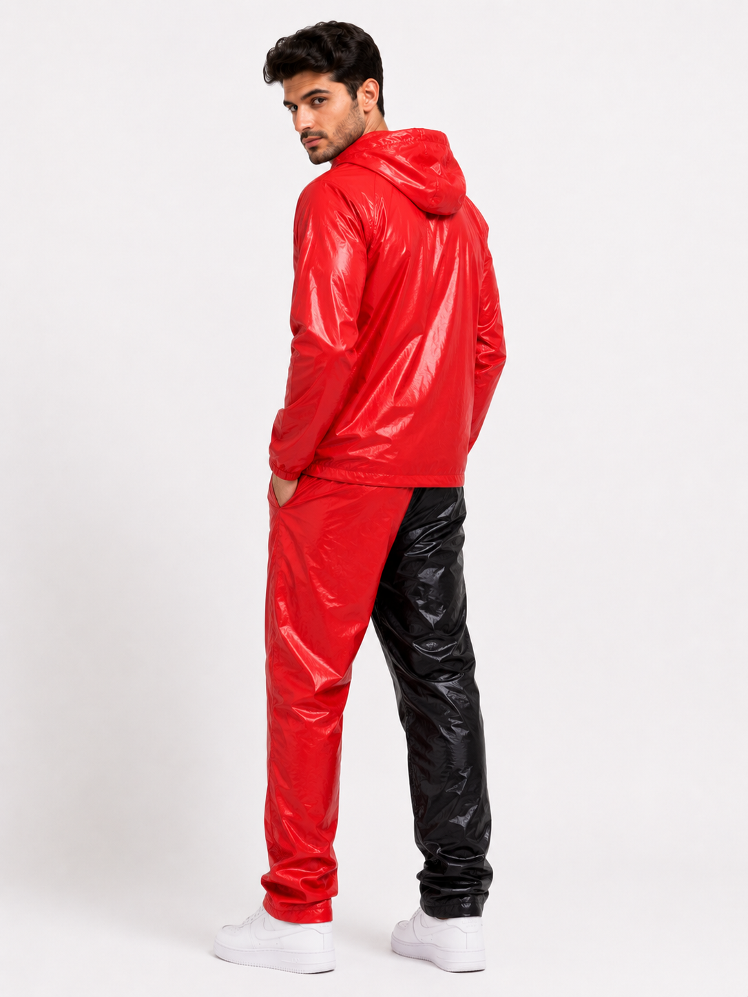Glossy Hooded Windbreaker Set