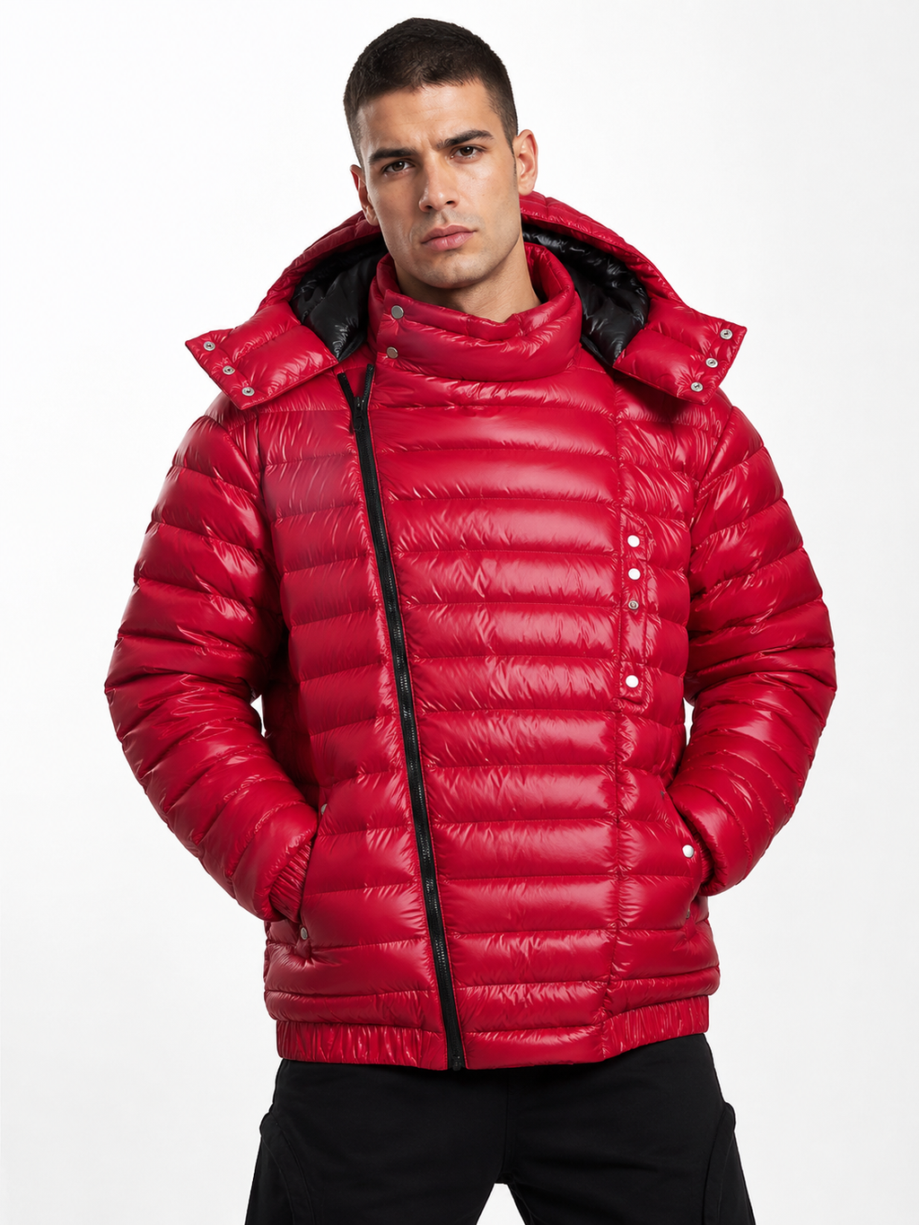 Red Shiny Nylon Puffer Jacket with Hood