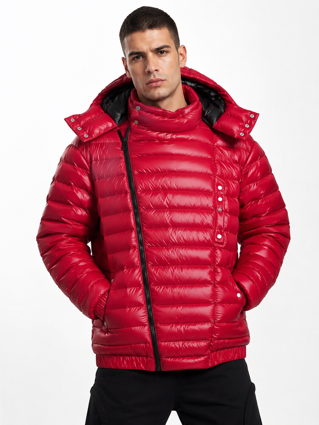 Red Shiny Nylon Puffer Jacket with Hood