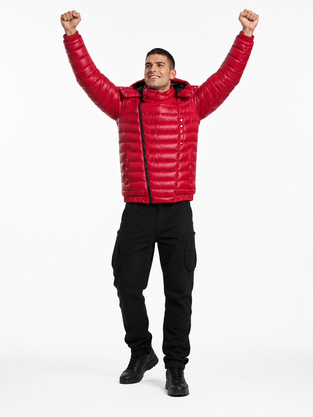 Red Shiny Nylon Puffer Jacket with Hood