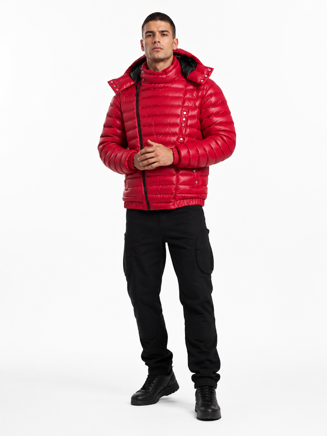 Red Shiny Nylon Puffer Jacket with Hood