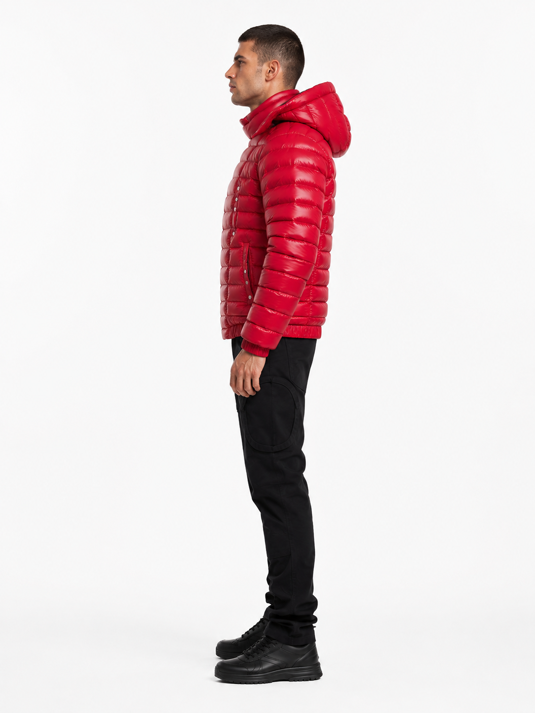 Red Shiny Nylon Puffer Jacket with Hood