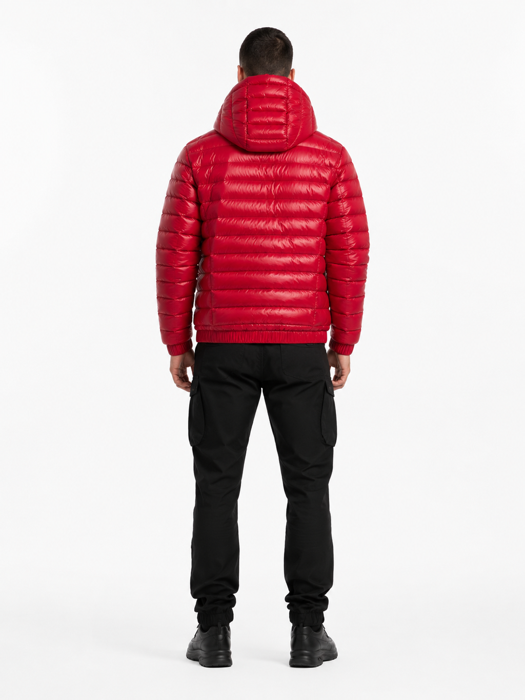 Red Shiny Nylon Puffer Jacket with Hood