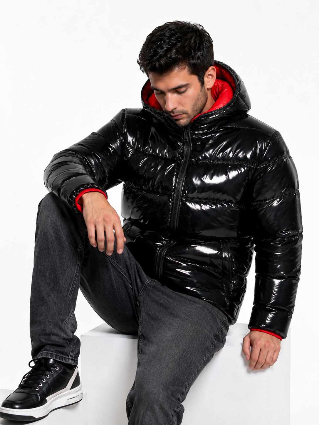 Shiny Nylon Hooded Puffer Jacket