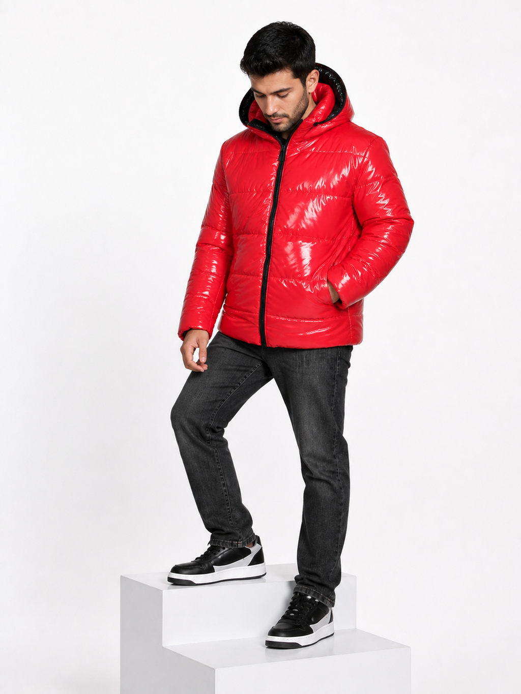 Shiny Nylon Hooded Puffer Jacket