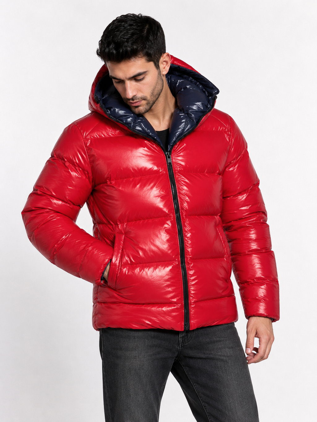 Shiny Nylon Hooded Puffer Jacket