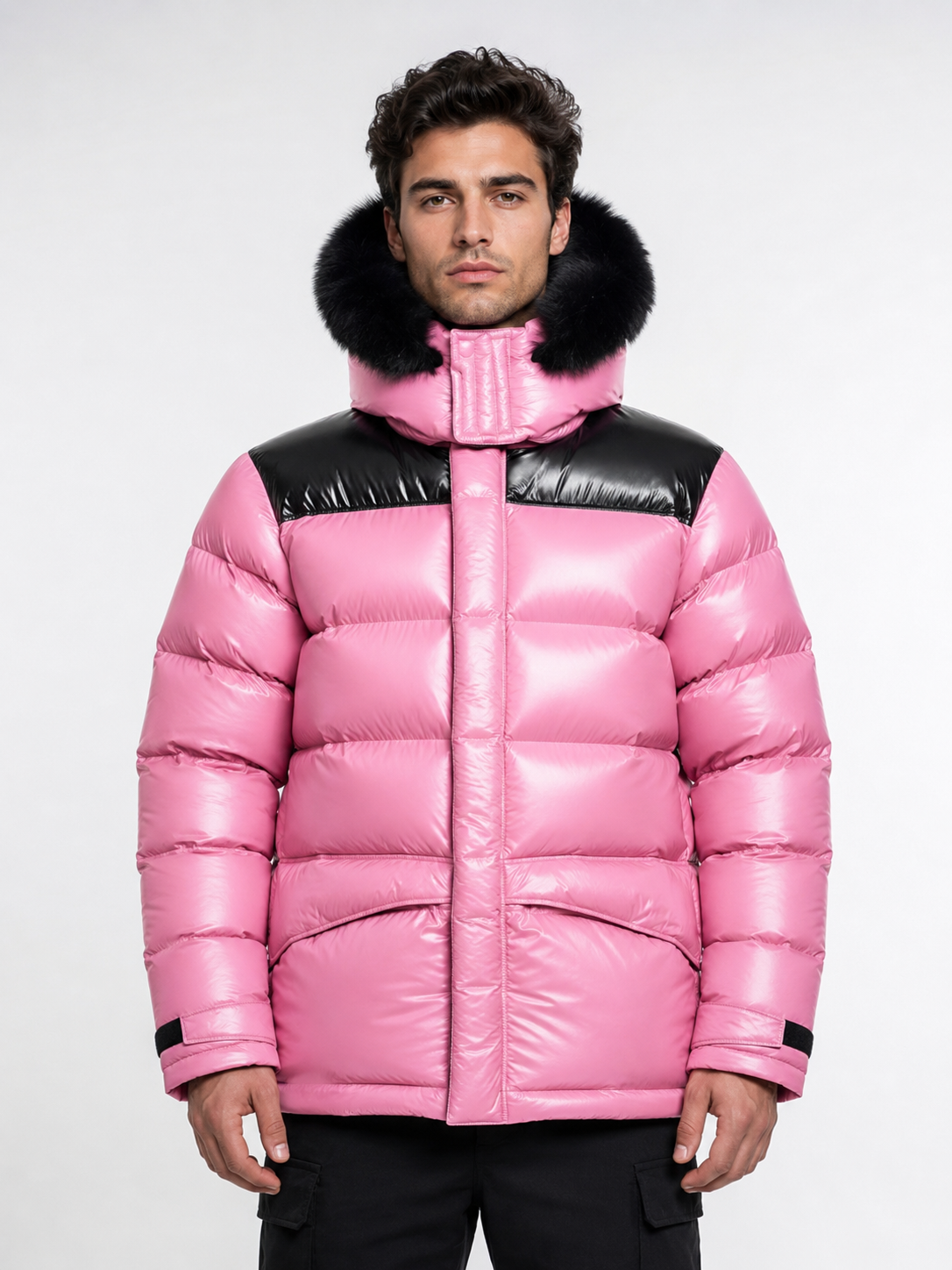 Pink Shiny Nylon Puffer Jacket with Faux Fur Hood (Copy)