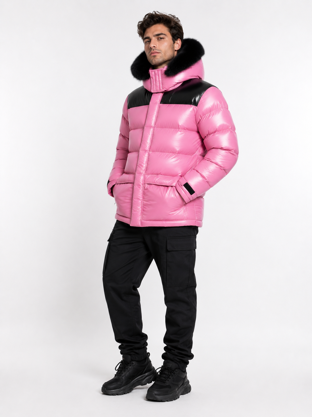 Pink Shiny Nylon Puffer Jacket with Faux Fur Hood (Copy)