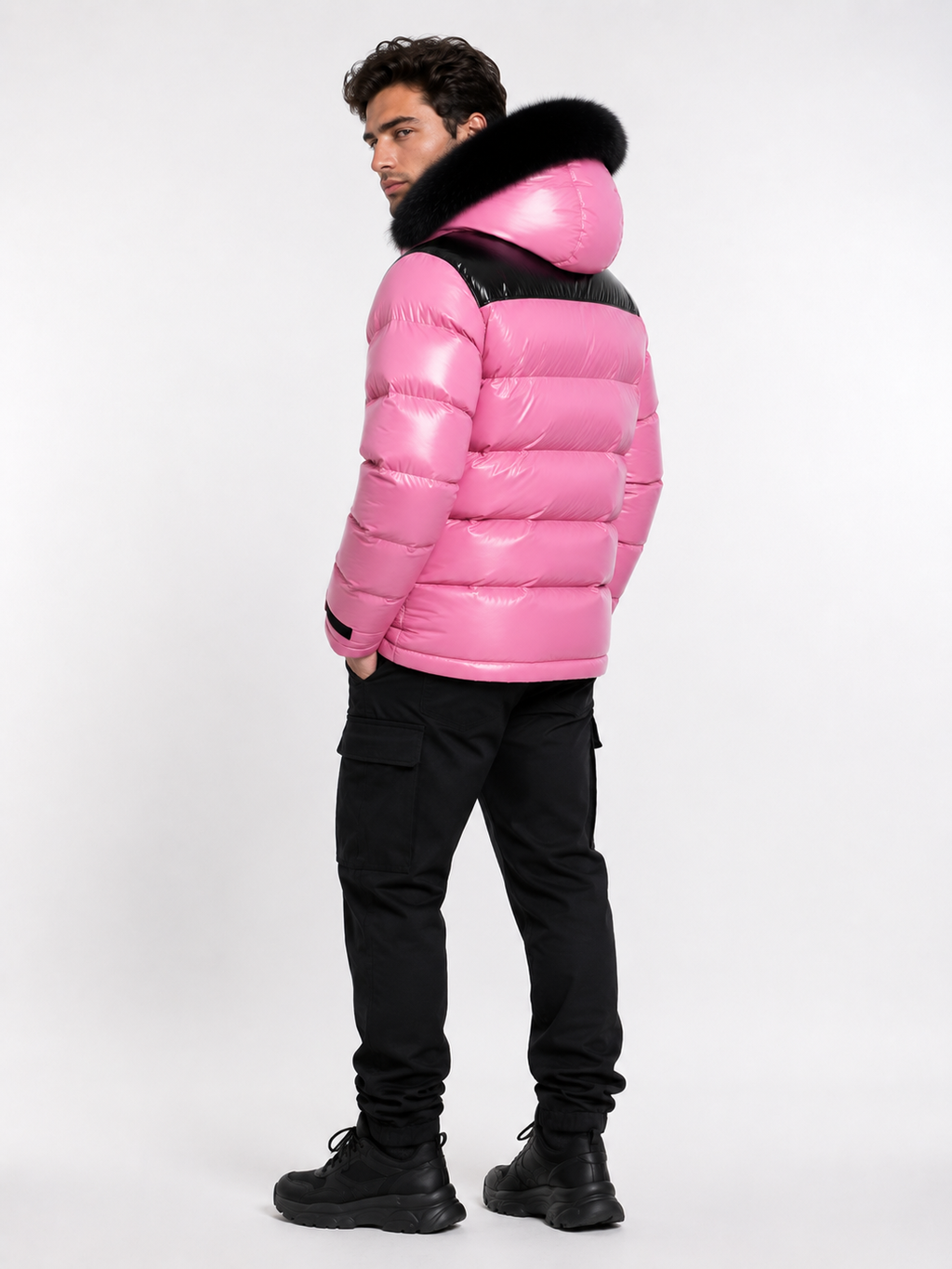 Pink Shiny Nylon Puffer Jacket with Faux Fur Hood (Copy)