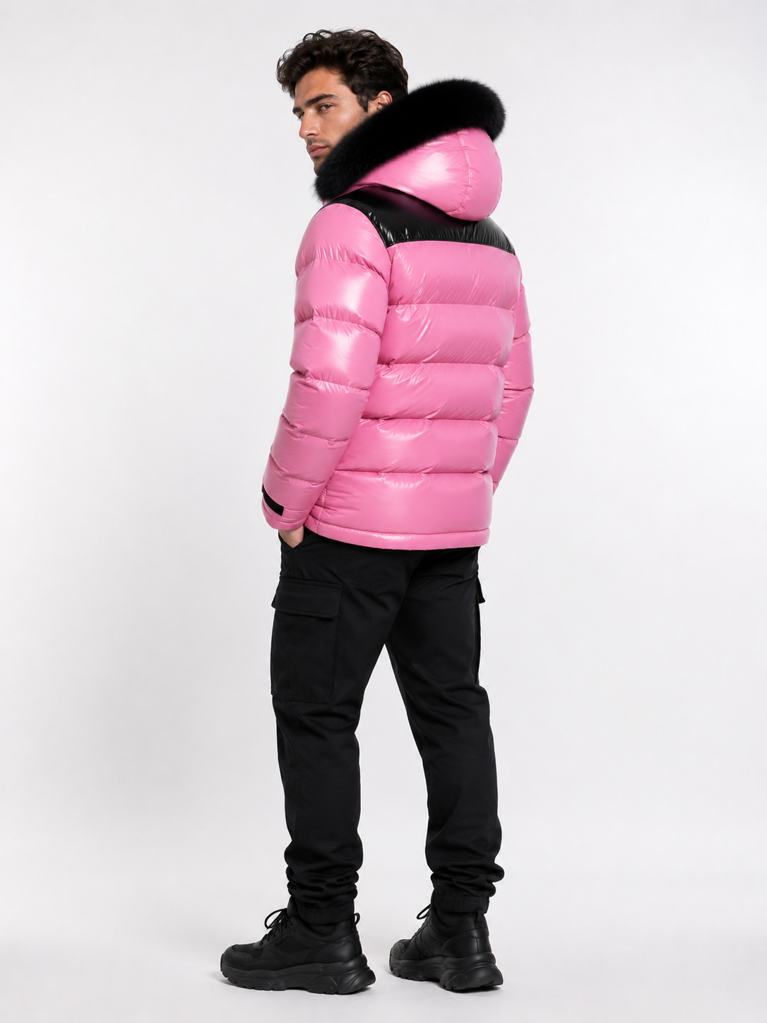 Pink Shiny Nylon Puffer Jacket with Faux Fur Hood (Copy)