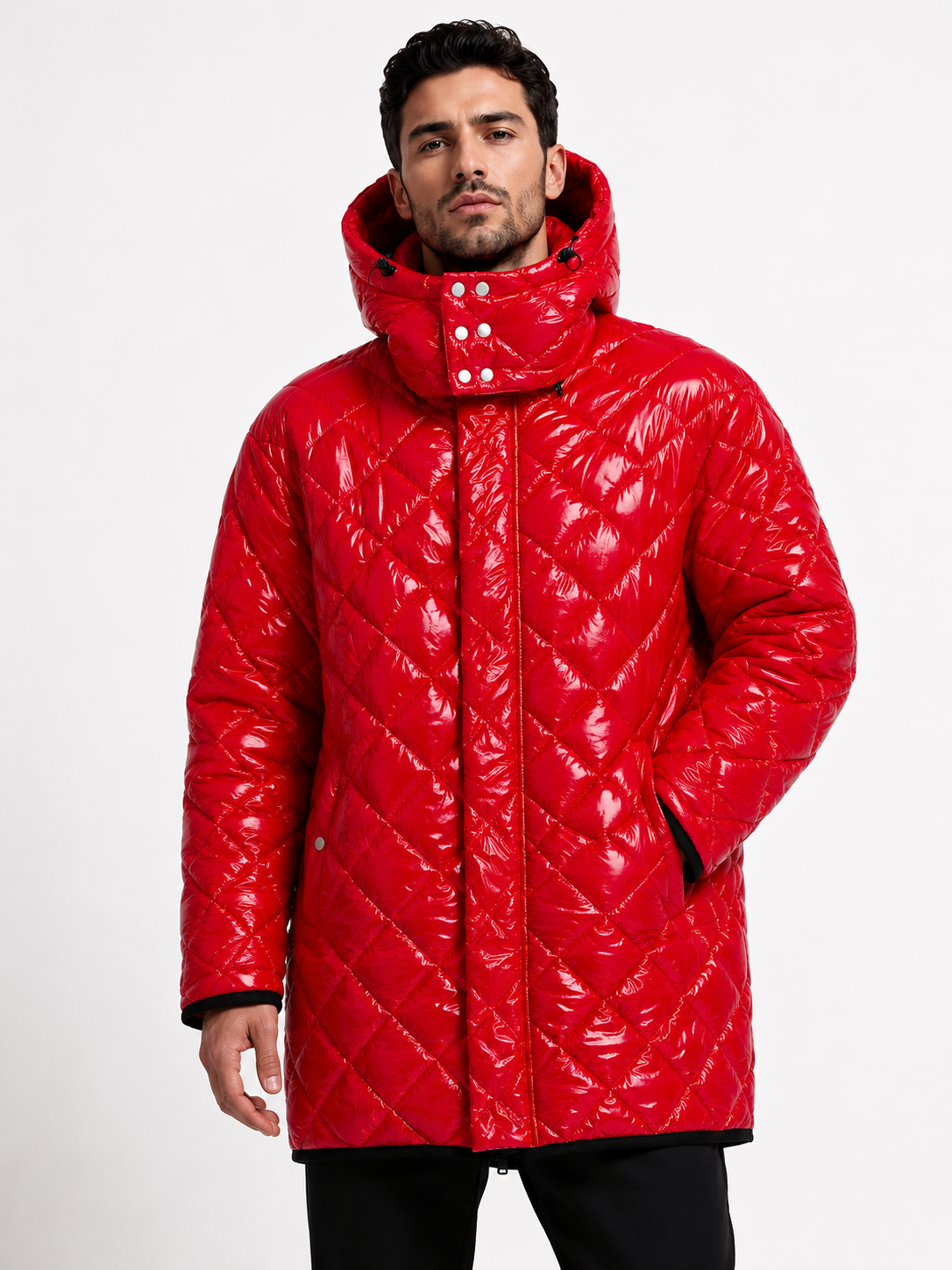 Men’s Red Shiny Nylon Quilted Hooded Puffer Jacket