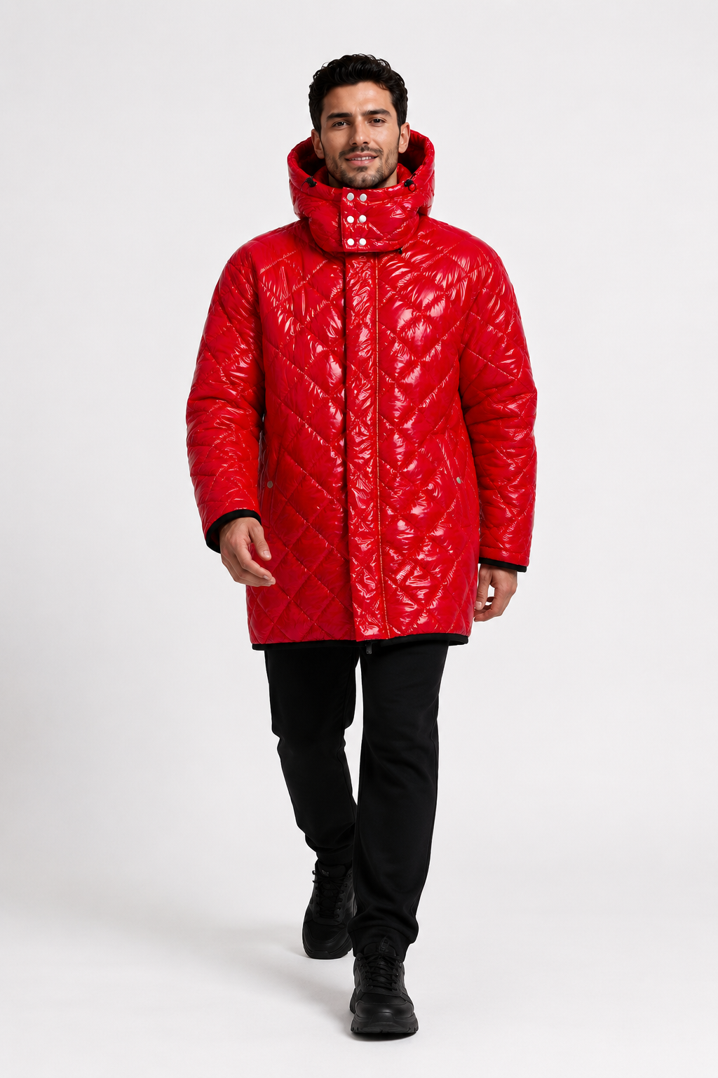 Men’s Red Shiny Nylon Quilted Hooded Puffer Jacket