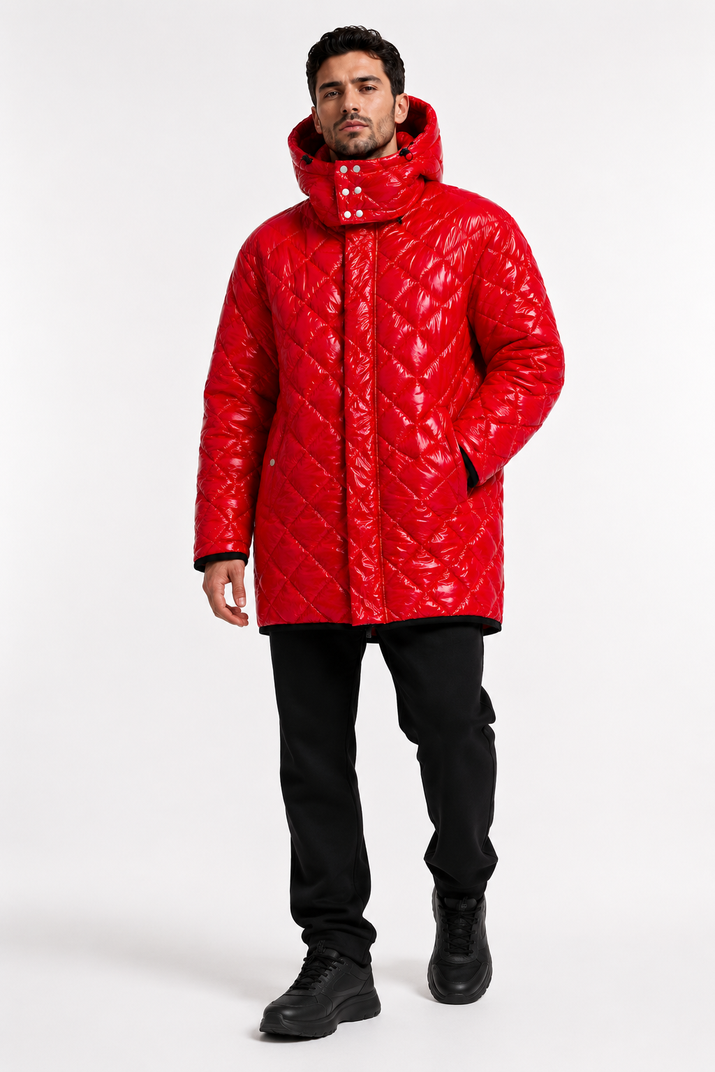 Men’s Red Shiny Nylon Quilted Hooded Puffer Jacket