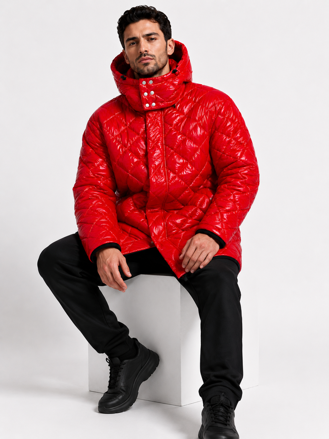 Men’s Red Shiny Nylon Quilted Hooded Puffer Jacket