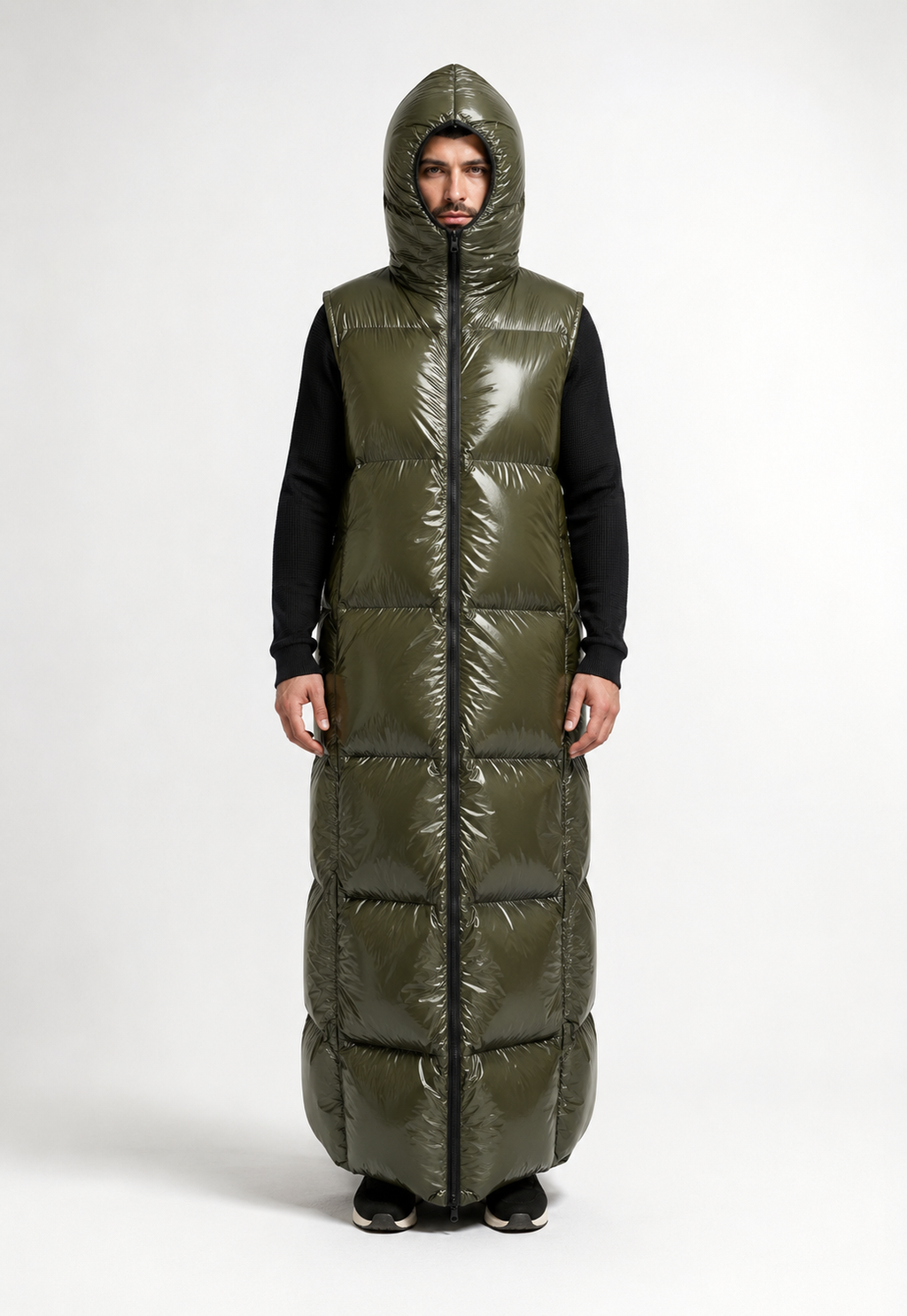 Olive Green Shiny Nylon Hooded Sleeping Bag Coat